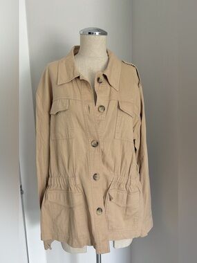 Draper James RSVP Women’s Utility Jacket Beige XL Button Pockets Long Sleeve
